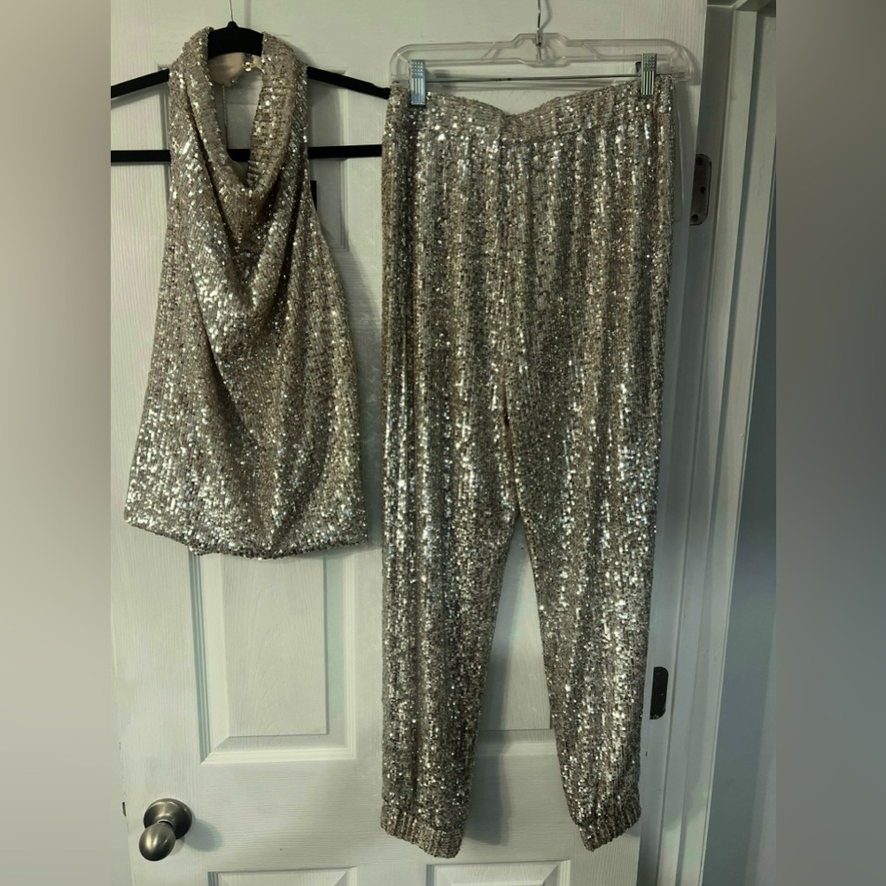Sequin Silver Sequin Halter and Jogger Set